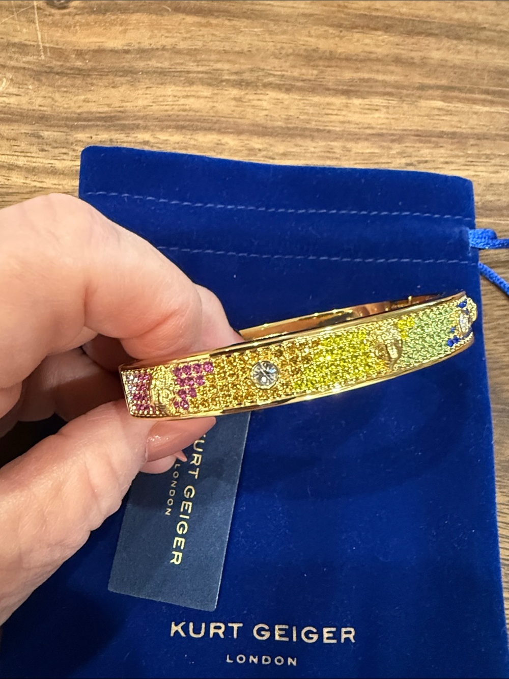 Kurt Geiger Gold Multicolor Crystal Pavé Bangle with Multi Color Stones